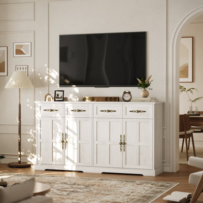 Modern Farmhouse Sideboard Buffet Cabinet – 4 Doors & 4 Drawers – Spacious Dining Room Storage – Gold Handles – Perfect for Kitchen, Living Room, or Entryway