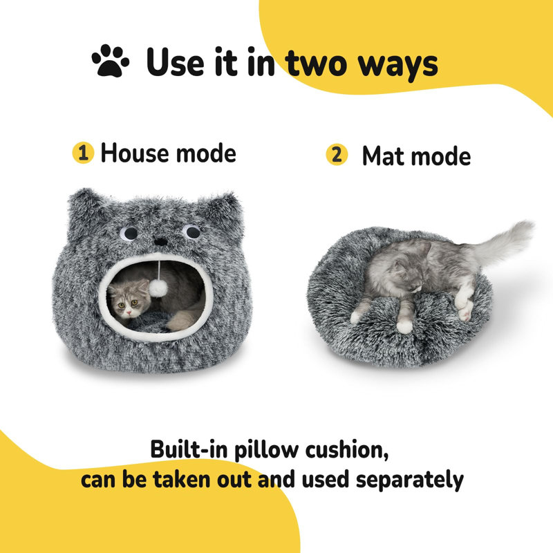 Gray Plush Cat Cave Bed with Soft Cushion