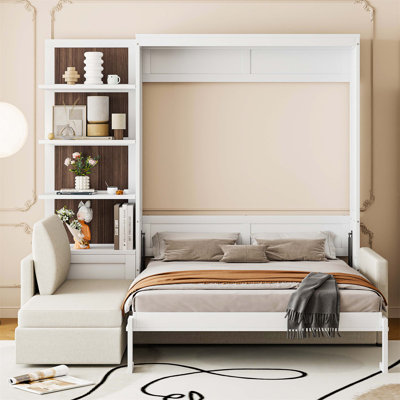 Lit escamotable multifonctionnel avec canapé et tablettes, idéal pour économiser de l'espace et un confort confortable dans les petits espaces.