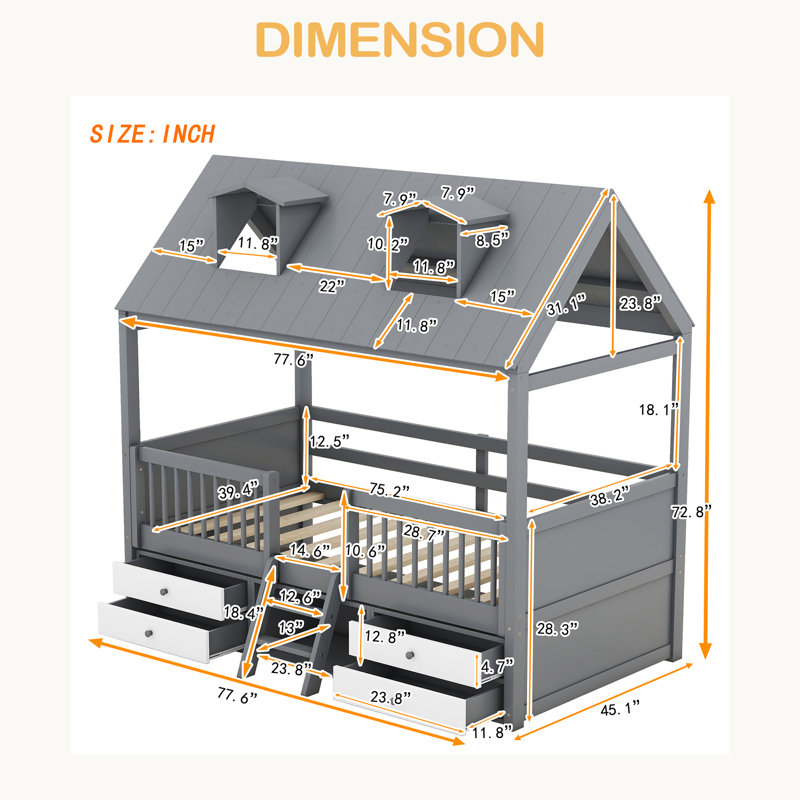 Cadre de lit Bed House, Gris, Lit simple