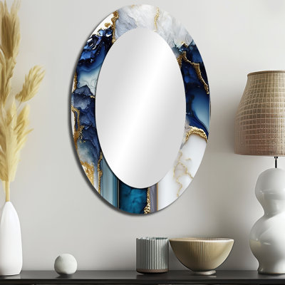 Abstrait géométrique en marbre blanc et bleu I - miroir mural ovale moderne