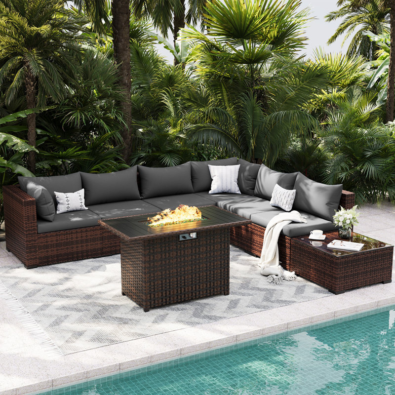 Ensemble de terrasses 8 pièces avec foyer Benboe, Structure brune / coussin gris