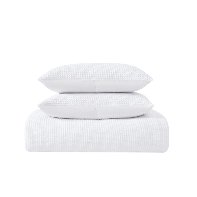 Textured Waffle Weave Comforter Set, White, Queen Comforter +2 Standard Shams