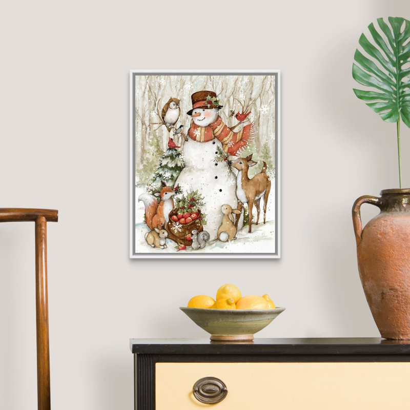 «Meadowbrook Woodland Snowman» par Susan Winget - peinture sur toile tendue, H 21,25 po x l 17,25 po, Cadre blanc