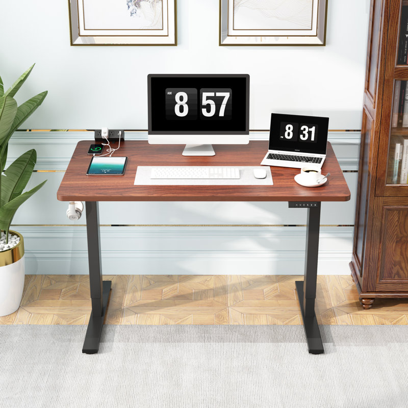 Adjustable Standing Desk, Whole-Piece Desktop, Mahogany/Black, 48" W x 30" D