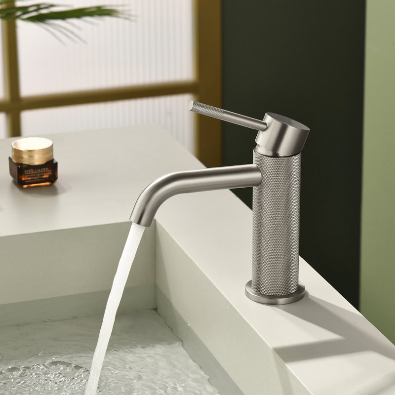 Modern Single - Handle Bathroom Faucet Featuring Geometric Cut Decor, 6.5, Brushed Nickel