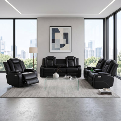 Soren Dark Vegan Leather 3-Pieces Reclining Sectioanal Living Room Sofa Set With Cup-Holders ,Wireless Charging And LED Lights