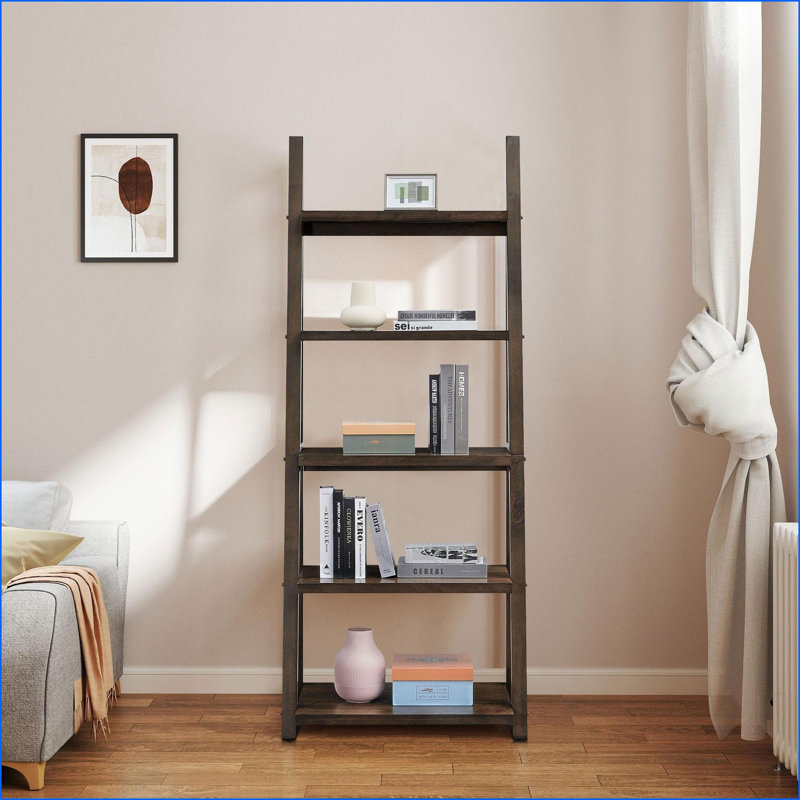 5-Tier Ladder Bookshelf, Rubber Wood Frame Storage Rack | Rustic Brown | Solid Wood+MDF, Brown