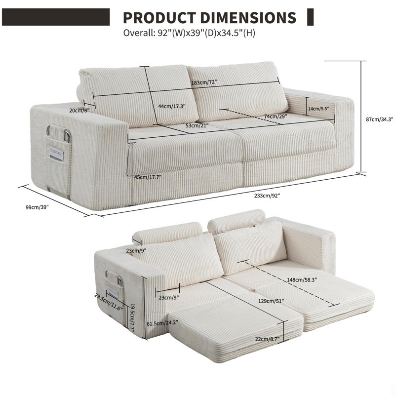 92'' Convertible Sofa Bed 3 Seaters Sleeper Sofa Folding Floor Couch, Beige