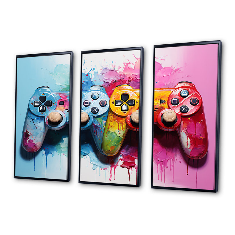 «Pink and Blue Ps Video Game Controllers», art mural jeux vidéo, H 28 po x l 36 po, Cadre flottant noir