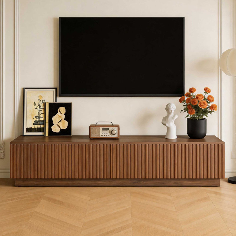 220cm Wide TV Stand in Walnut, Featuring Integrated Cable Management and Ample Shelf Storage