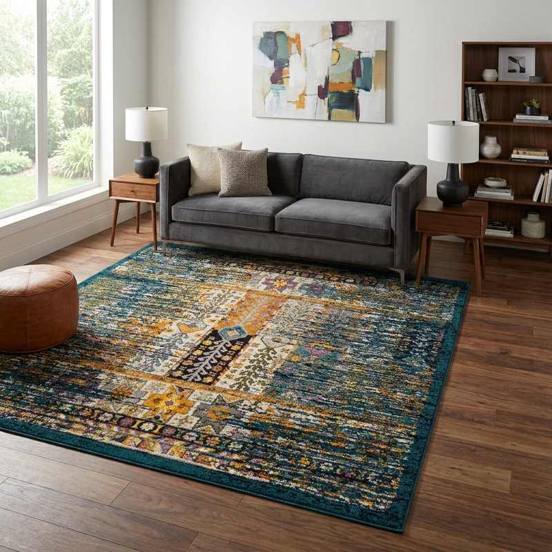 Tapis Kristen Naplate, Teal, Carré 7 pi 10 po