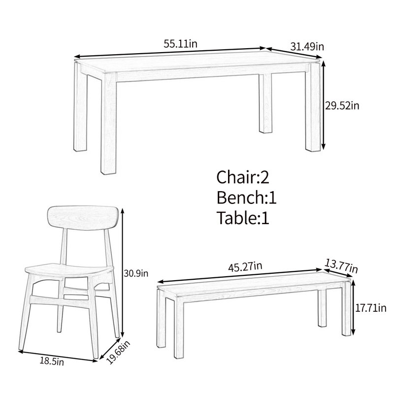 Steady and elegant solid wood table set, 29.52"H x 55.11"L x 31.49"W