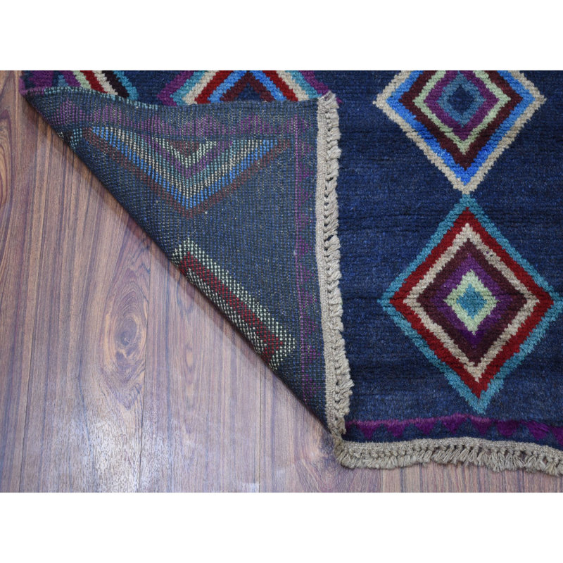 Tapis de la surface en laine bleu/mauve 4 pi 2 po x 5 pi 7 po one-of-kind à la main noué la