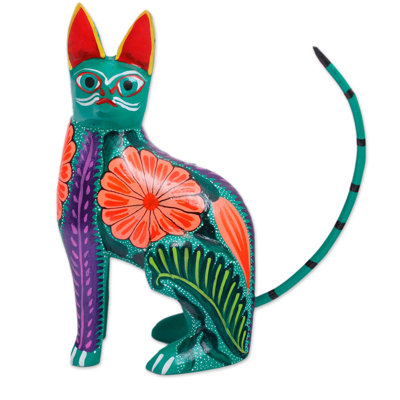 Figurine alebrije en bois féline floral Kante