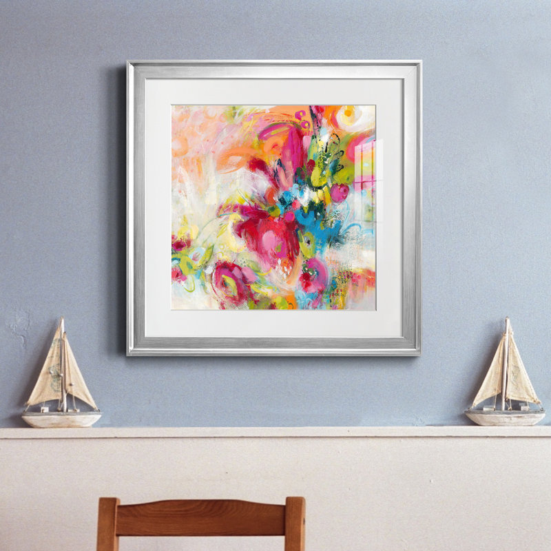 " Let's Bounce ", 24" H x 24" W x 1" D, Silver Framed Paper, White