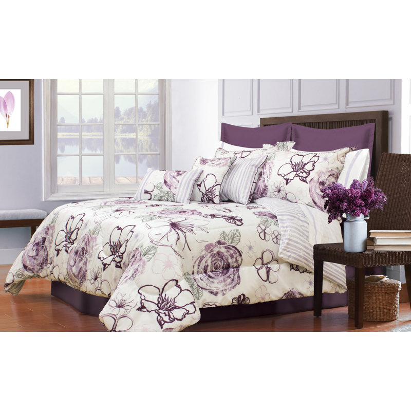 Angelica Modern & Contemporary Polyester Floral Comforter, King Comforter + 2 King Shams + 3 Throw Pillows
