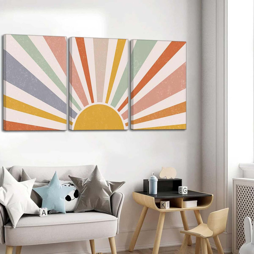 60*40,3 Pieces Nursery Boho Canvas Wall Art Rainbow Sun Rising On The Horizon Geometric Nature.