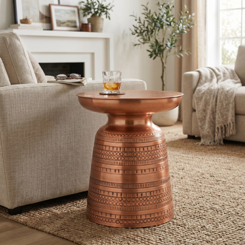 Hammered Copper Side Table, 16” Round Antique Copper  and Brass -Pedestal Accent Table, Nightstand & Drink Table with Tray Top, Modern Metal End Table for Living Room & Bedroom