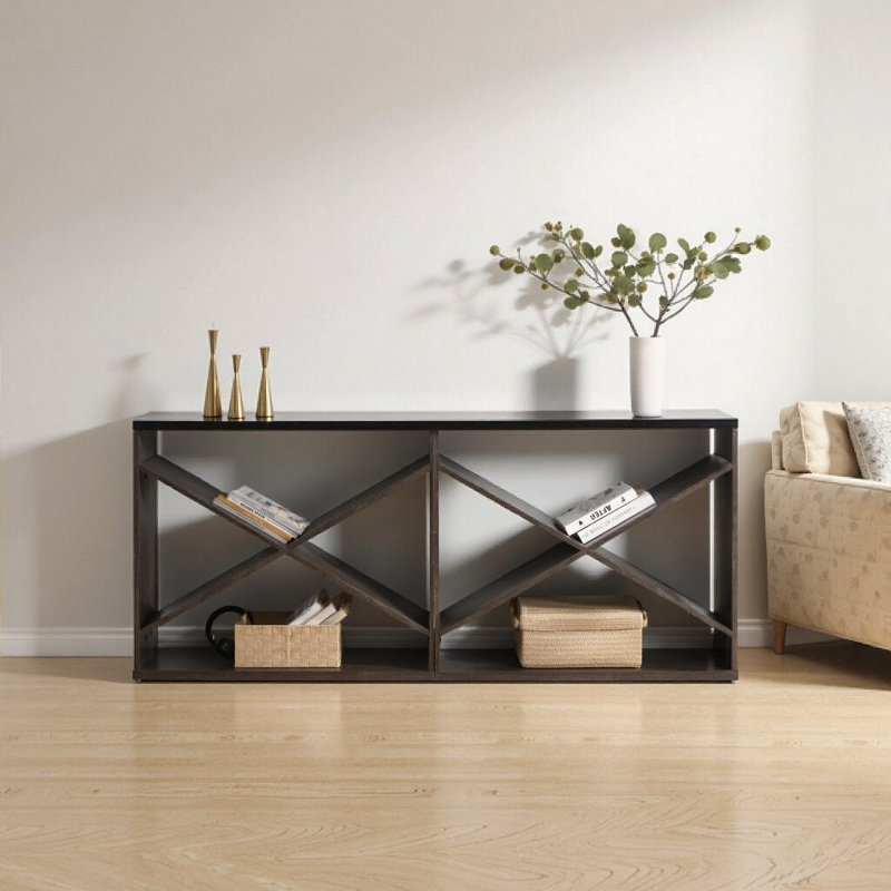 Console de style campagnard 70,87 pouces avec design en forme de X détachable, tablette de rangement extra-longue pour l'entrée, le couloir ou le salon - noir