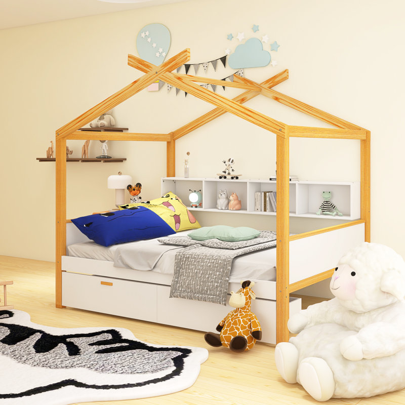 Structure de lit double en bois avec deux tiroirs et une bibliothèque pour les enfants ou la chambre d'amis
