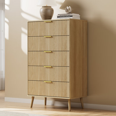 Commode à 5 tiroirs cannelés pour chambre à coucher, commode moderne H 45,5 po avec tiroirs profonds, conception à profil courbé, rangement de tiroir en bois pour le salon, le couloir, la chambre de bébé, le placard de couloir