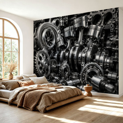 Papier peint auto-adhésif, pièces de moteur de voiture, papier autocollant amovible pour salon, chambre à coucher H 69 po x l 96 po