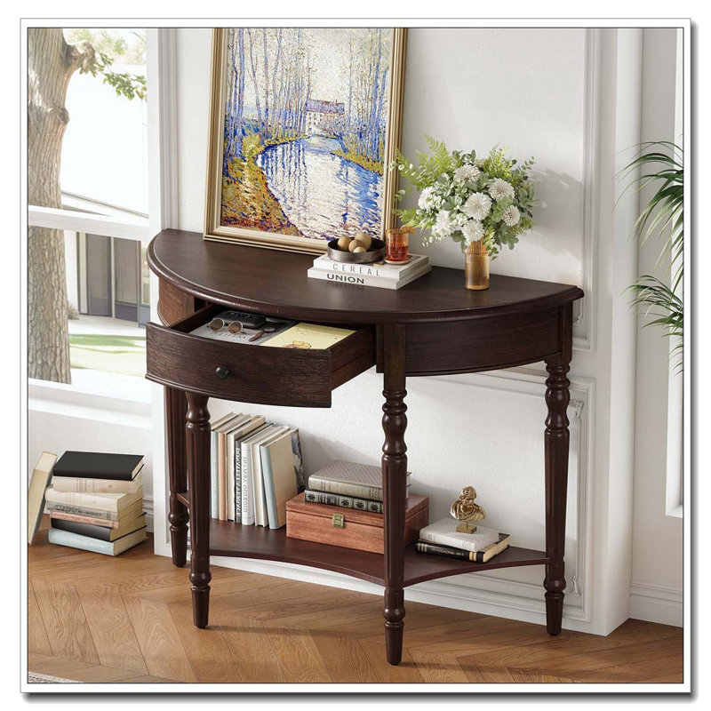 Console demi-lune avec tiroir et tablette, Espresso