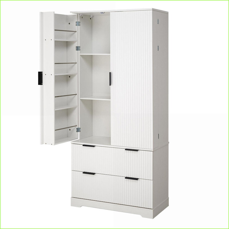 Armoire de cuisine | Organisateur de rangement 72 po blanc cannelé moderne avec 2 grands tiroirs Étagères à épices 8 portes | Panneau de fibres à densité moyenne | Tiroirs inclus
