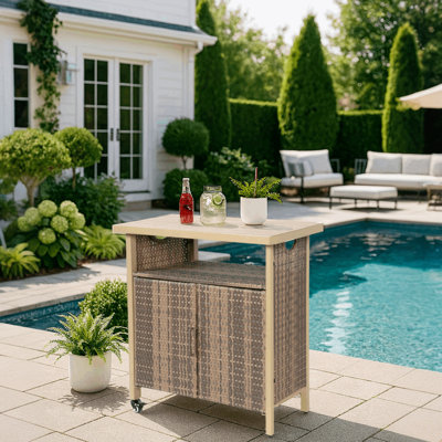 Outdoor Wicker Bar Cart With Wheels – Rolling Rattan Beverage Serving Table For Patio