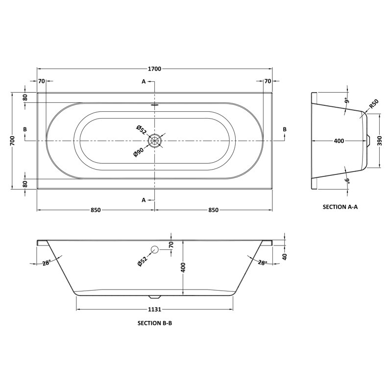 Otley x Soaking Acrylic Bathtub, 170cm x 70cm