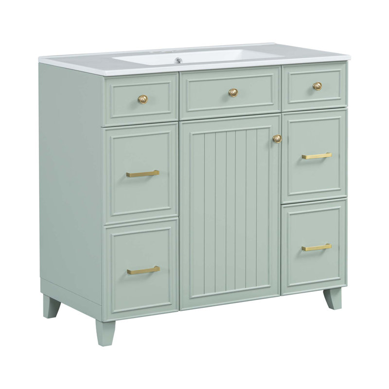 Meuble-lavabo 36 po avec lavabo en céramique, structure en bois massif, portes à fermeture en douceur, tablettes réglables, 3 tiroirs, y compris un tiroir à double profondeur pour le rangement du sèche-cheveux