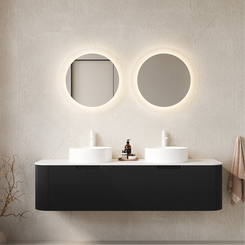 Meuble-lavabo de 60 po avec lavabos, armoire de rangement de salle de bain à bords arrondis flottants avec 2 tiroirs, 2 lavabos ronds blancs en céramique, sans robinet