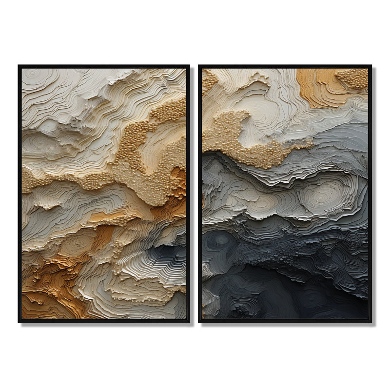 Or et spirale de rivière beige - décoration murale peinture abstraite, Impression encadrée flottante, Noir, H 36 po x l 48 po