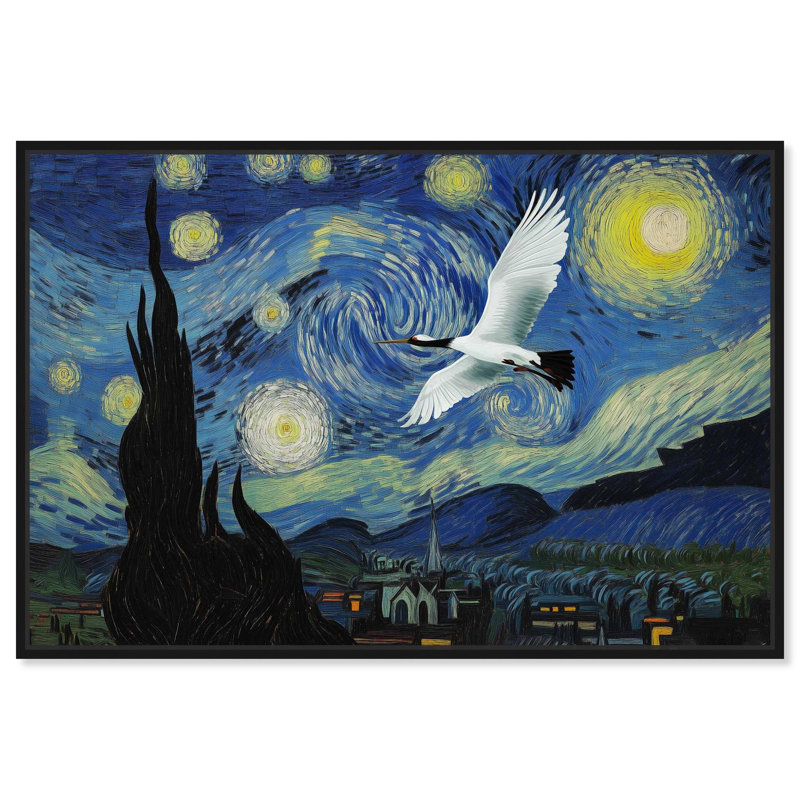 «Crane Starry Night» par Pet , Cadre flottant noir, H 17 po x l 25 po
