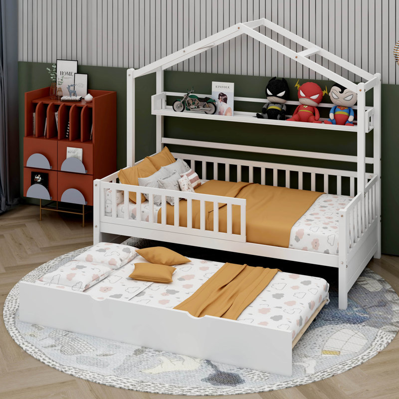 Olga Wooden Twin Size Kids Bed with Trundle, White