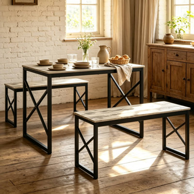 Ensemble de table de salle à manger 3 pièces 43,3 pouces gris Aithan avec bancs, ensemble de table de cuisine rustique pour petits espaces, ensemble de salle à manger de style campagne moderne avec banc pour cuisine et salle à manger