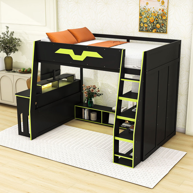 Lit mezzanine double en bois avec bureau, tablettes et lumière RVB contrôlée par l'application, Vert