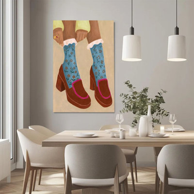 2D Flat, 1Pc Framed Canvas Wall Art, Vintage Female Feet, Floral Socks with Platform Shoes, Art Deco Style Art Print Canvas Poster Painting Room Wall