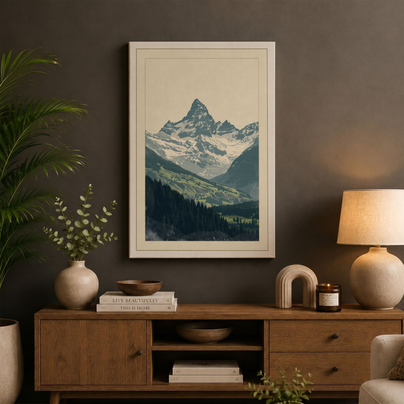Alpine Wilderness Japandi - Wrapped Canvas, 24x16 - 61.0 x 40.6 cm, Teal Border