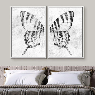 Animals " Black & White Monarch Butterfly Wing Insect Nature Wilderness Modern Art Rustic Relax Calm " 2 - Pieces