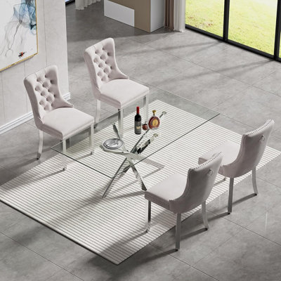 5-Piece Dining Table Set For 4, 51In Modern Glass Kitchen Table And Chair Set For 4, Compact Dining Room Table Set With 4 PCS Beige Fabric Dining Chair Set For Small Space, Apartment, Home