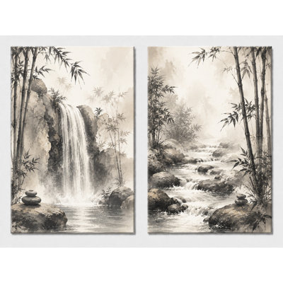 Extra-Large Set of 2 Zen Bamboo Waterfall Canvas Wall Art Japanese Ink Wash  Prints Spa Bathroom Meditation Room Decor 24x36 Inch Canvas Print - Ready to hang