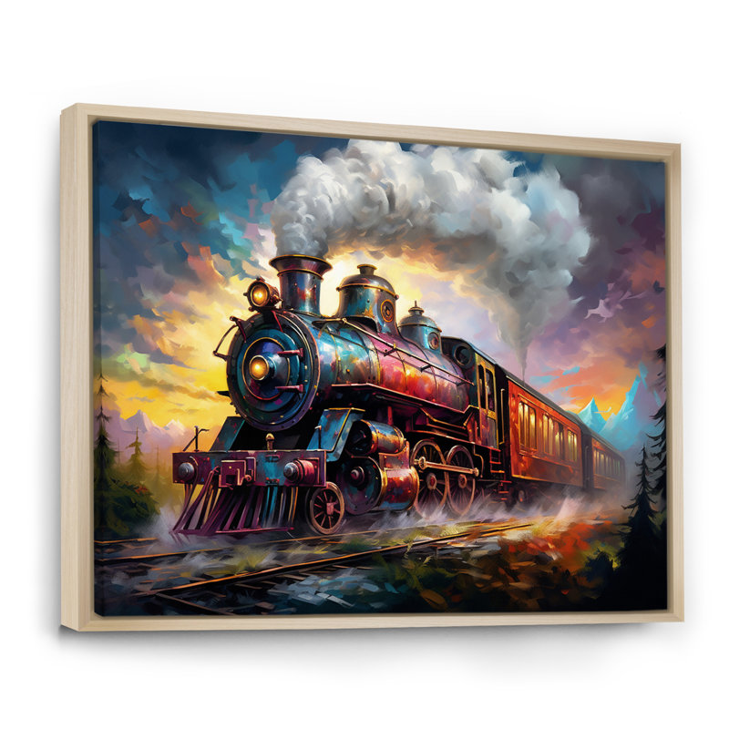 "Steamtrain Travelling In The Sunset", reproduction d'art sur toile I, H 16 po x l 32 po x P 1 po, Cadre naturel flottant