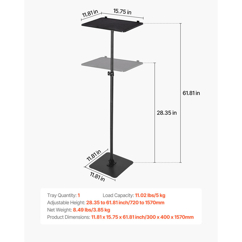 Support pour projecteur, support pour plancher avec hauteur réglable de 30,3 à 63,4 pouces, chariot de projection rotatif horizontal à 360 ° pour les réunions, les films d'extérieur, le support vidéo, le support à cardan ou le support de plateau