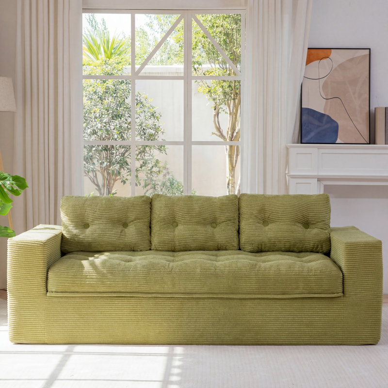 79" Modern Corduroy Upholstered Sofa with Two Pillows Included, 35.4"D x 79"W x 15.7"H, Green