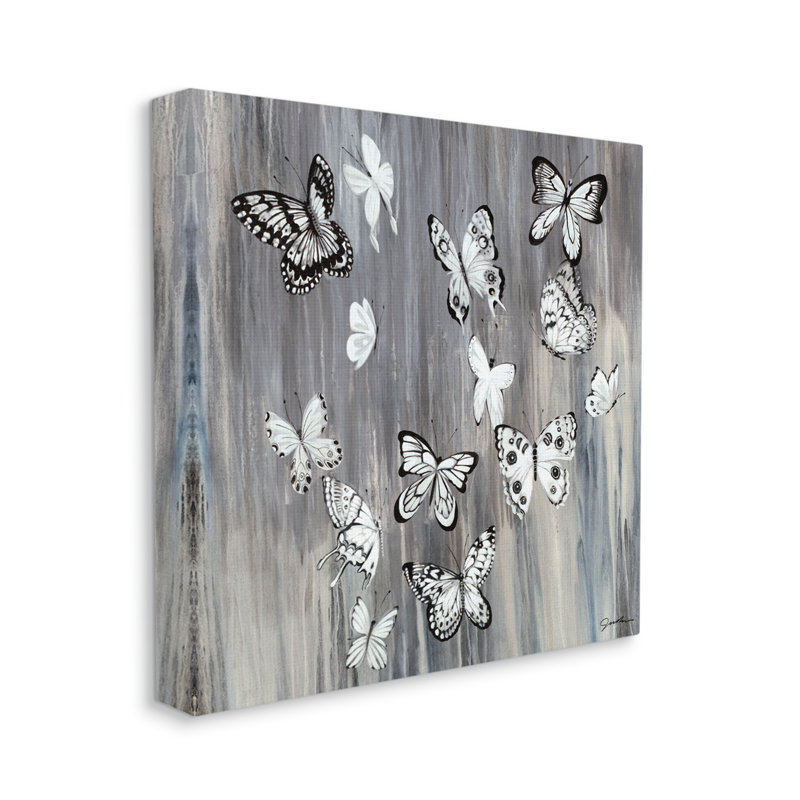 " Rustic Monochromatic Patterned Butterflies Flying Insects ", 30" H x 30" W, Wrapped Canvas