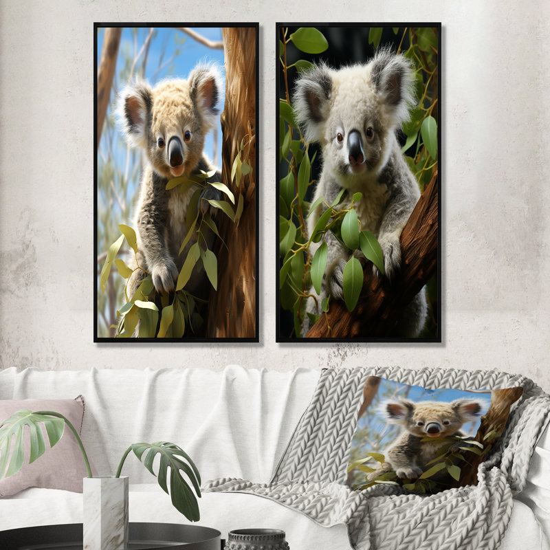 «Realistic Koala Eucalyptus Observer II», ensemble de 2 reproductions d'art mural Koala, Cadre flottant noir