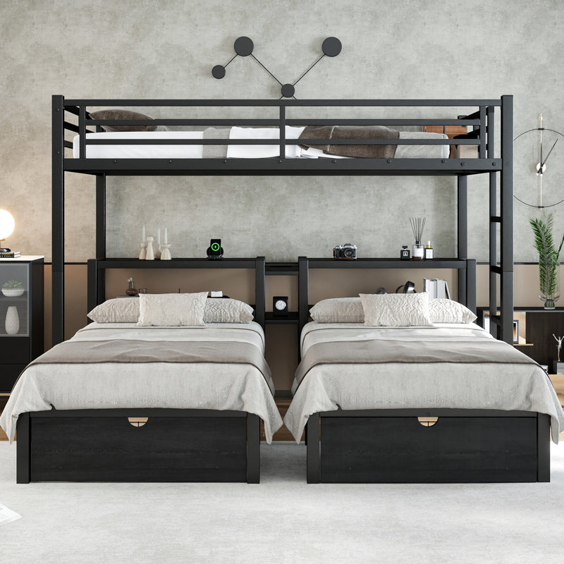 Metal Triple Bunk Bed Full XL Over Twin & Twin with Drawers, Shelves & USB, Heavy-Duty Space-Saving Frame