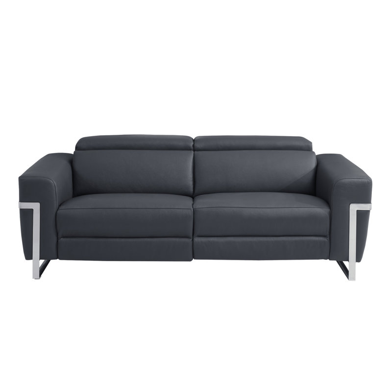 Global United Top Grain Italian Leather Sofa With Power Recliner, Dark Gray
